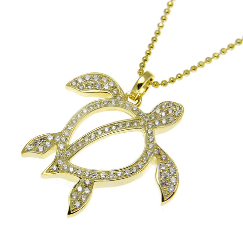 YELLOW GOLD SOLID 925 STERLING SILVER HAWAIIAN HONU TURTLE PENDANT CZ