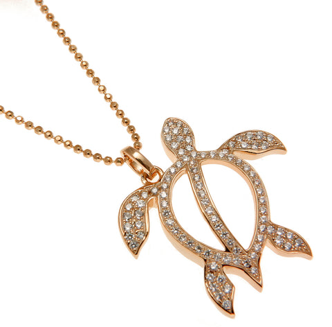 ROSE GOLD SOLID 925 STERLING SILVER HAWAIIAN HONU TURTLE PENDANT CZ