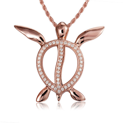 ROSE GOLD ON SOLID 925 SILVER HAWAIIAN SWIMMING HONU TURTLE SLIDE PENDANT CZ