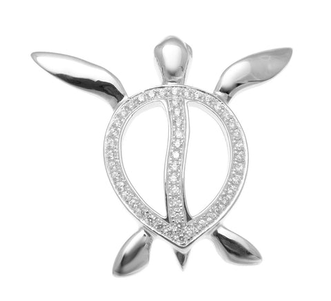 SOLID 925 STERLING SILVER HAWAIIAN SWIMMING HONU TURTLE CHARM PENDANT CZ RHODIUM