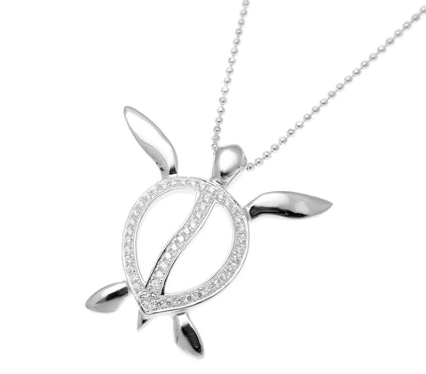 SOLID 925 STERLING SILVER HAWAIIAN SWIMMING HONU TURTLE CHARM PENDANT CZ RHODIUM