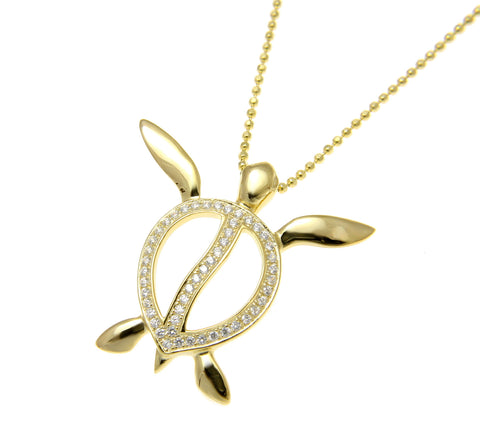 YELLOW GOLD ON SOLID 925 SILVER HAWAIIAN SWIMMING HONU TURTLE SLIDE PENDANT CZ