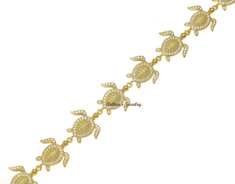 YELLOW GOLD PLATED SOLID 925 SILVER HAWAIIAN SEA TURTLE LINK BRACELET CZ 7.5INCH