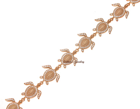 ROSE GOLD PLATED SOLID 925 SILVER HAWAIIAN SEA TURTLE LINK BRACELET CZ 7.5 INCH