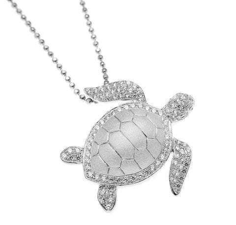 SOLID 925 STERLING SILVER HAWAIIAN SEA TURTLE HONU SLIDE PENDANT CZ RHODIUM