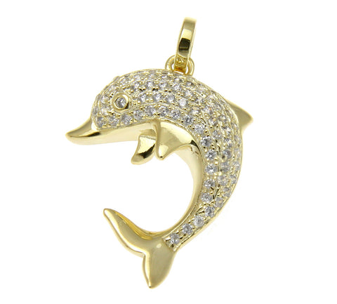 YELLOW GOLD SOLID 925 STERLING SILVER HAWAIIAN DOLPHIN CHARM PENDANT CZ 16.50MM