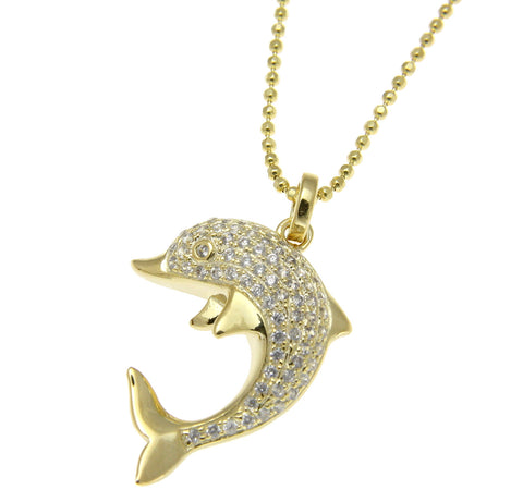 YELLOW GOLD SOLID 925 STERLING SILVER HAWAIIAN DOLPHIN CHARM PENDANT CZ 16.50MM