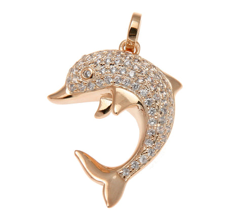 ROSE GOLD ON SOLID 925 STERLING SILVER HAWAIIAN DOLPHIN CHARM PENDANT CZ 16.50MM