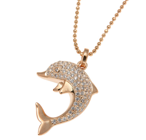 ROSE GOLD ON SOLID 925 STERLING SILVER HAWAIIAN DOLPHIN CHARM PENDANT CZ 16.50MM