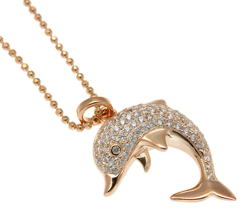 ROSE GOLD ON SOLID 925 STERLING SILVER HAWAIIAN DOLPHIN CHARM PENDANT CZ 16.50MM