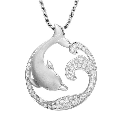 SOLID 925 STERLING SILVER HAWAIIAN DOLPHIN OCEAN WAVE SLIDE PENDANT CZ RHODIUM