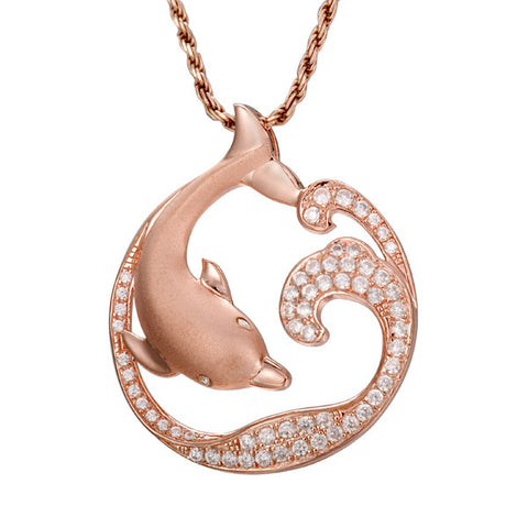 ROSE GOLD STERLING SILVER 925 HAWAIIAN DOLPHIN OCEAN WAVE SLIDE PENDANT CZ