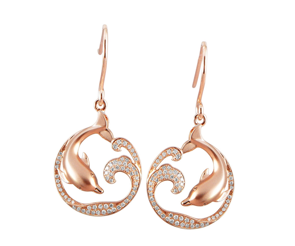 ROSE GOLD ON SOLID 925 SILVER HAWAIIAN DOLPHIN OCEAN WAVE CZ WIRE HOOK EARRINGS