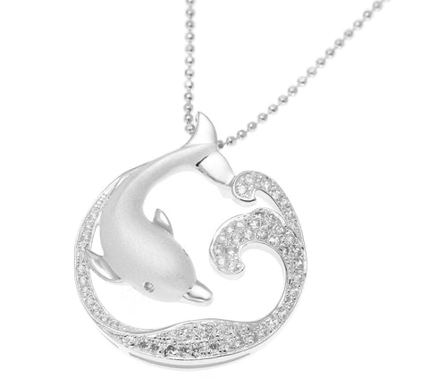 SOLID 925 STERLING SILVER HAWAIIAN DOLPHIN OCEAN WAVE SLIDE PENDANT CZ RHODIUM