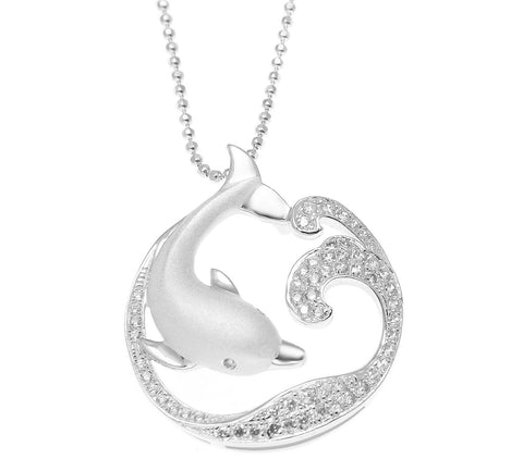 SOLID 925 STERLING SILVER HAWAIIAN DOLPHIN OCEAN WAVE SLIDE PENDANT CZ RHODIUM