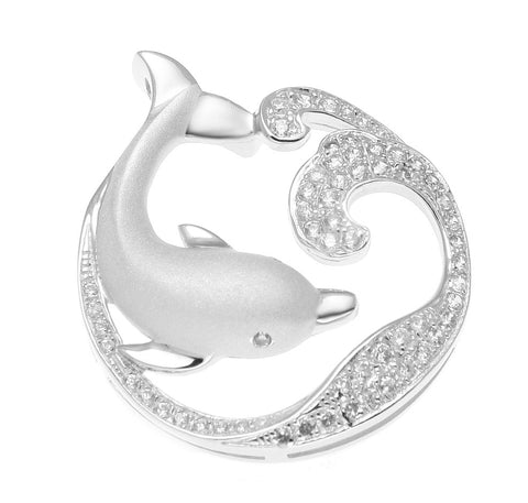 SOLID 925 STERLING SILVER HAWAIIAN DOLPHIN OCEAN WAVE SLIDE PENDANT CZ RHODIUM
