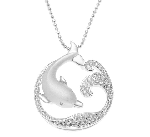 SOLID 925 STERLING SILVER HAWAIIAN DOLPHIN OCEAN WAVE SLIDE PENDANT CZ RHODIUM