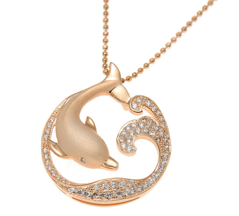 ROSE GOLD STERLING SILVER 925 HAWAIIAN DOLPHIN OCEAN WAVE SLIDE PENDANT CZ