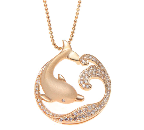 ROSE GOLD STERLING SILVER 925 HAWAIIAN DOLPHIN OCEAN WAVE SLIDE PENDANT CZ