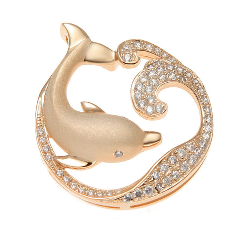 ROSE GOLD STERLING SILVER 925 HAWAIIAN DOLPHIN OCEAN WAVE SLIDE PENDANT CZ