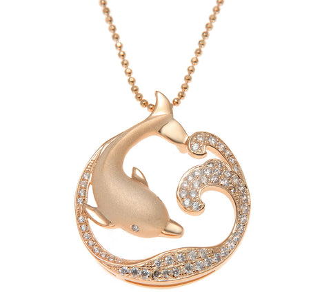 ROSE GOLD STERLING SILVER 925 HAWAIIAN DOLPHIN OCEAN WAVE SLIDE PENDANT CZ