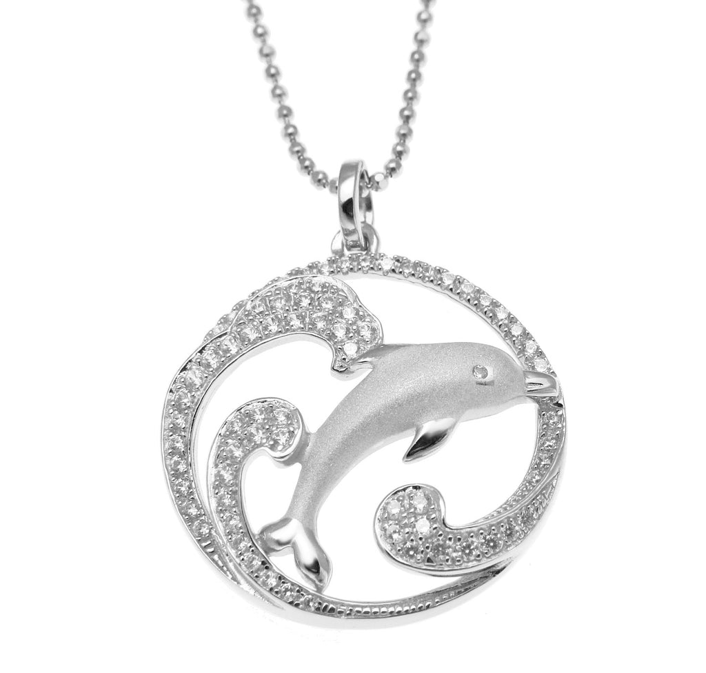 SOLID 925 STERLING SILVER HAWAIIAN DOLPHIN OCEAN WAVE CHARM PENDANT CZ RHODIUM