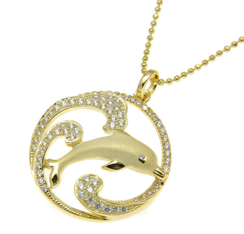 YELLOW GOLD ON SOLID 925 SILVER HAWAIIAN DOLPHIN OCEAN WAVE CHARM PENDANT CZ