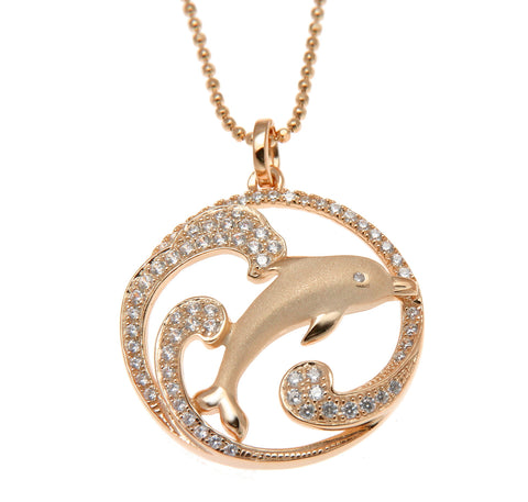 ROSE GOLD ON SOLID 925 SILVER HAWAIIAN DOLPHIN OCEAN WAVE CHARM PENDANT CZ