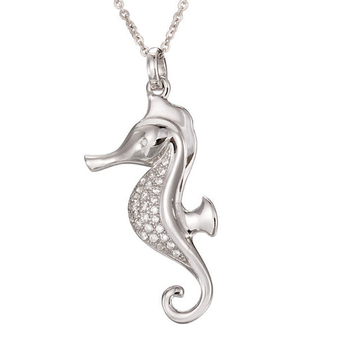 SOLID 925 STERLING SILVER HAWAIIAN SEAHORSE PENDANT CZ RHODIUM