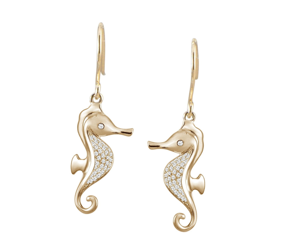 YELLOW GOLD ON SOLID 925 STERLING SILVER HAWAIIAN SEAHORSE CZ WIRE HOOK EARRINGS