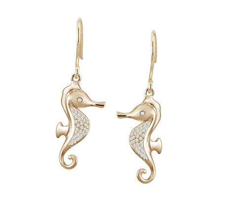 YELLOW GOLD ON SOLID 925 STERLING SILVER HAWAIIAN SEAHORSE CZ WIRE HOOK EARRINGS