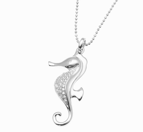 SOLID 925 STERLING SILVER HAWAIIAN SEAHORSE PENDANT CZ RHODIUM