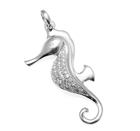 SOLID 925 STERLING SILVER HAWAIIAN SEAHORSE PENDANT CZ RHODIUM