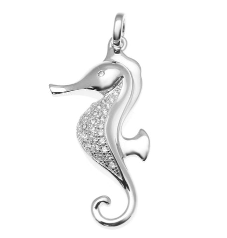 SOLID 925 STERLING SILVER HAWAIIAN SEAHORSE PENDANT CZ RHODIUM