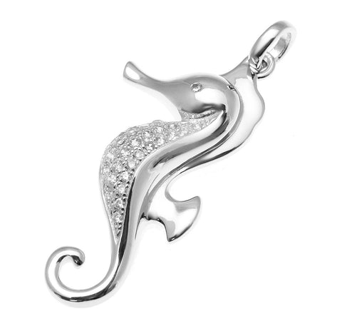 SOLID 925 STERLING SILVER HAWAIIAN SEAHORSE PENDANT CZ RHODIUM