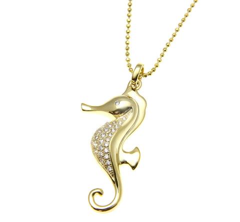 YELLOW GOLD SOLID 925 STERLING SILVER HAWAIIAN SEAHORSE PENDANT CZ