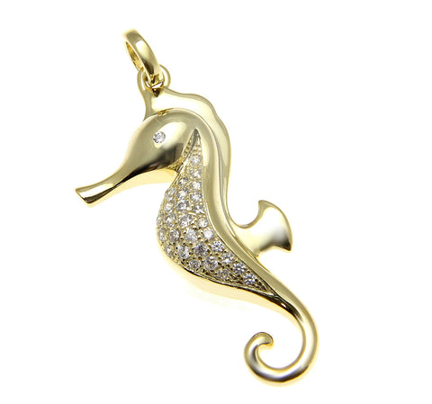 YELLOW GOLD SOLID 925 STERLING SILVER HAWAIIAN SEAHORSE PENDANT CZ