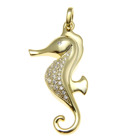 YELLOW GOLD SOLID 925 STERLING SILVER HAWAIIAN SEAHORSE PENDANT CZ