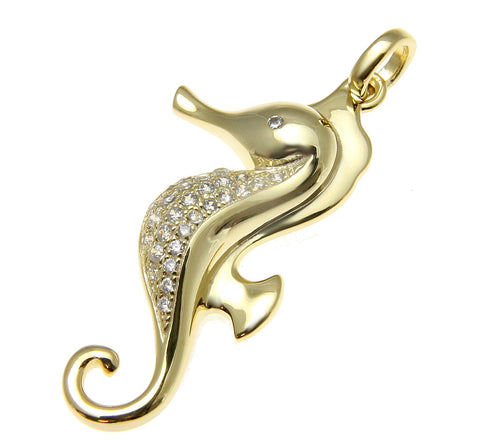 YELLOW GOLD SOLID 925 STERLING SILVER HAWAIIAN SEAHORSE PENDANT CZ