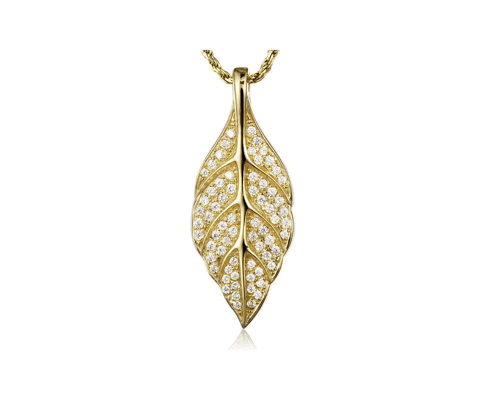 YELLOW GOLD PLATED 925 STERLING SILVER HAWAIIAN MAILE LEAF PENDANT CZ 12.50MM