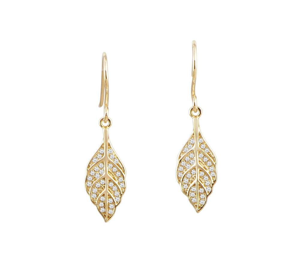 YELLOW GOLD PLATED 925 STERLING SILVER HAWAIIAN MAILE LEAF CZ HOOK EARRINGS