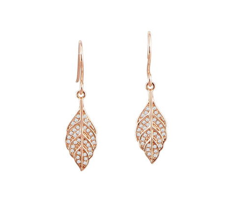 ROSE GOLD PLATED 925 STERLING SILVER HAWAIIAN MAILE LEAF CZ HOOK EARRINGS