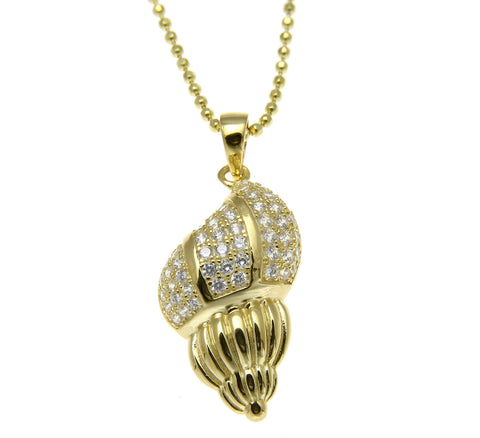 YELLOW GOLD ON 925 STERLING SILVER HAWAIIAN CONCH SNAIL SHELL CHARM PENDANT CZ