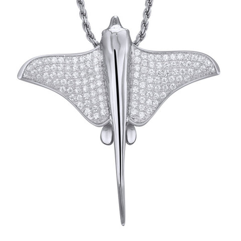 SOLID 925 STERLING SILVER HAWAIIAN STINGRAY FISH SLIDE PENDANT CZ RHODIUM