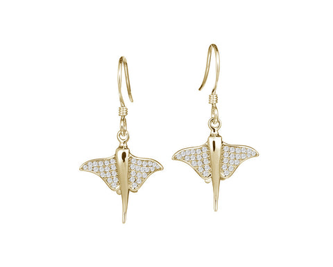 YELLOW GOLD ON SOLID 925 STERLING SILVER HAWAIIAN STINGRAY FISH CZ HOOK EARRINGS