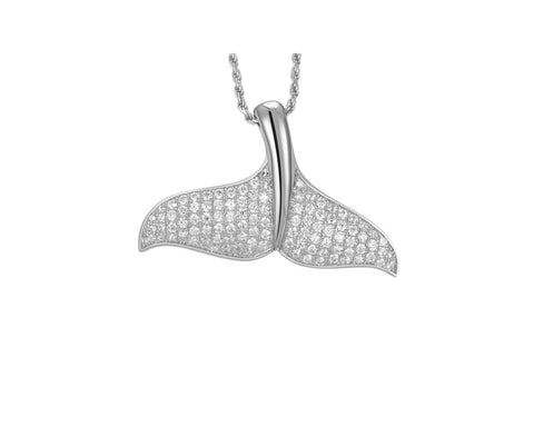 RHODIUM PLATED 925 STERLING SILVER HAWAIIAN WHALE TAIL PENDANT CZ 32.50MM