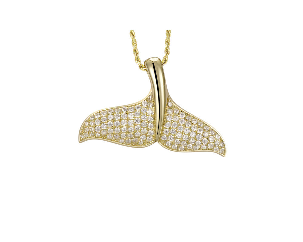 YELLOW GOLD PLATED 925 STERLING SILVER HAWAIIAN WHALE TAIL PENDANT CZ 32.50MM