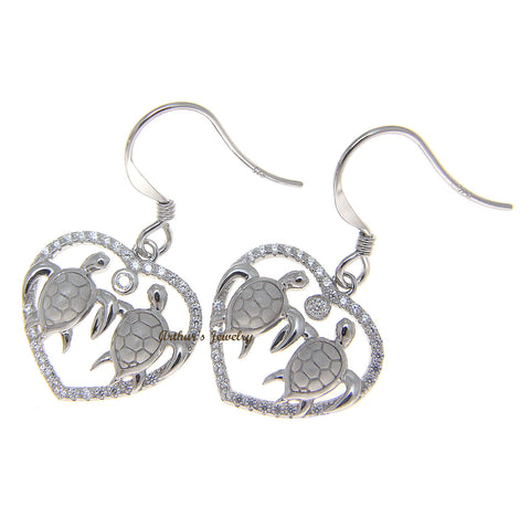SOLID 925 SILVER HAWAIIAN COUPLE TURTLE CZ HEART RHODIUM WIRE HOOK EARRINGS