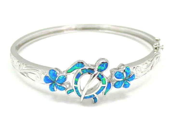 INLAY OPAL HAWAIIAN HONU TURTLE PLUMERIA SCROLL BANGLE BRACELET