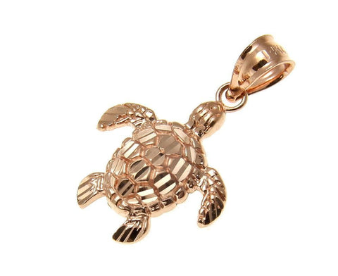 12MM 14K ROSE GOLD SPARKLY DIAMOND CUT HAWAIIAN SEA TURTLE HONU CHARM PENDANT